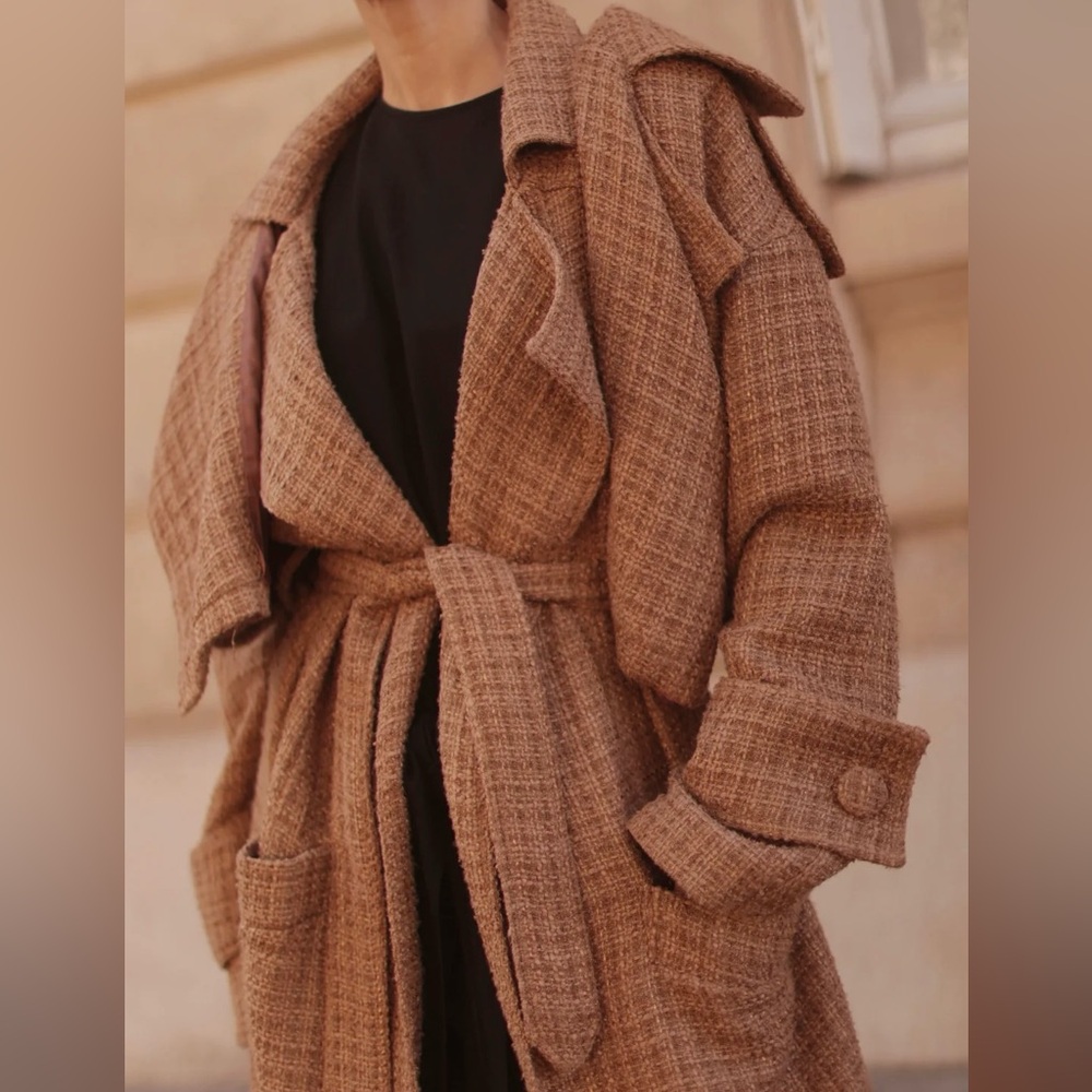 Textured Taupe Belted Trench Coat for Women